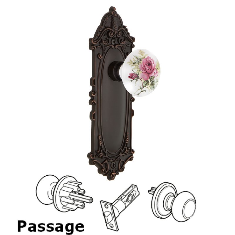 Complete Passage Set - Victorian Plate with White Rose Porcelain Door Knob in Timeless Bronze