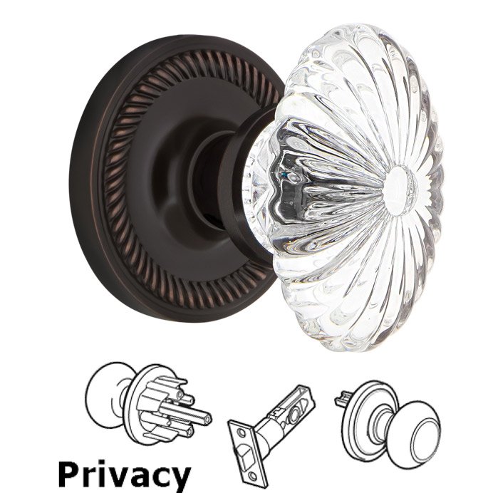 Complete Privacy Set - Rope Rosette with Oval Fluted Crystal Glass Door Knob in Timeless Bronze