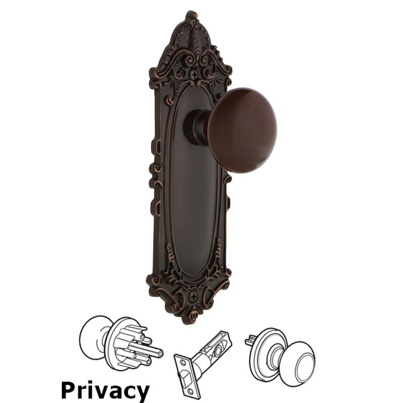 Privacy Victorian Plate with Brown Porcelain Door Knob in Timeless Bronze
