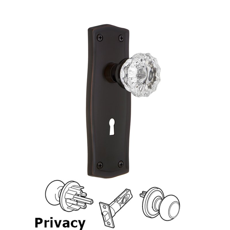 Complete Privacy Set with Keyhole - Prairie Plate with Crystal Glass Door Knob in Timeless Bronze