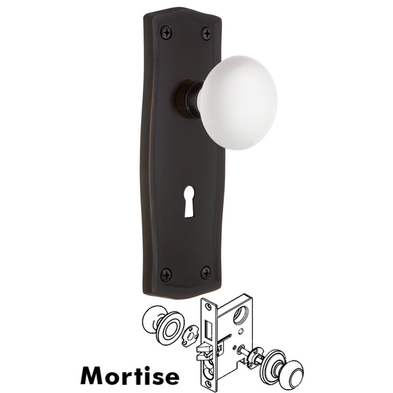Complete Mortise Lockset with Keyhole - Prairie Plate with White Porcelain Door Knob in Timeless Bronze