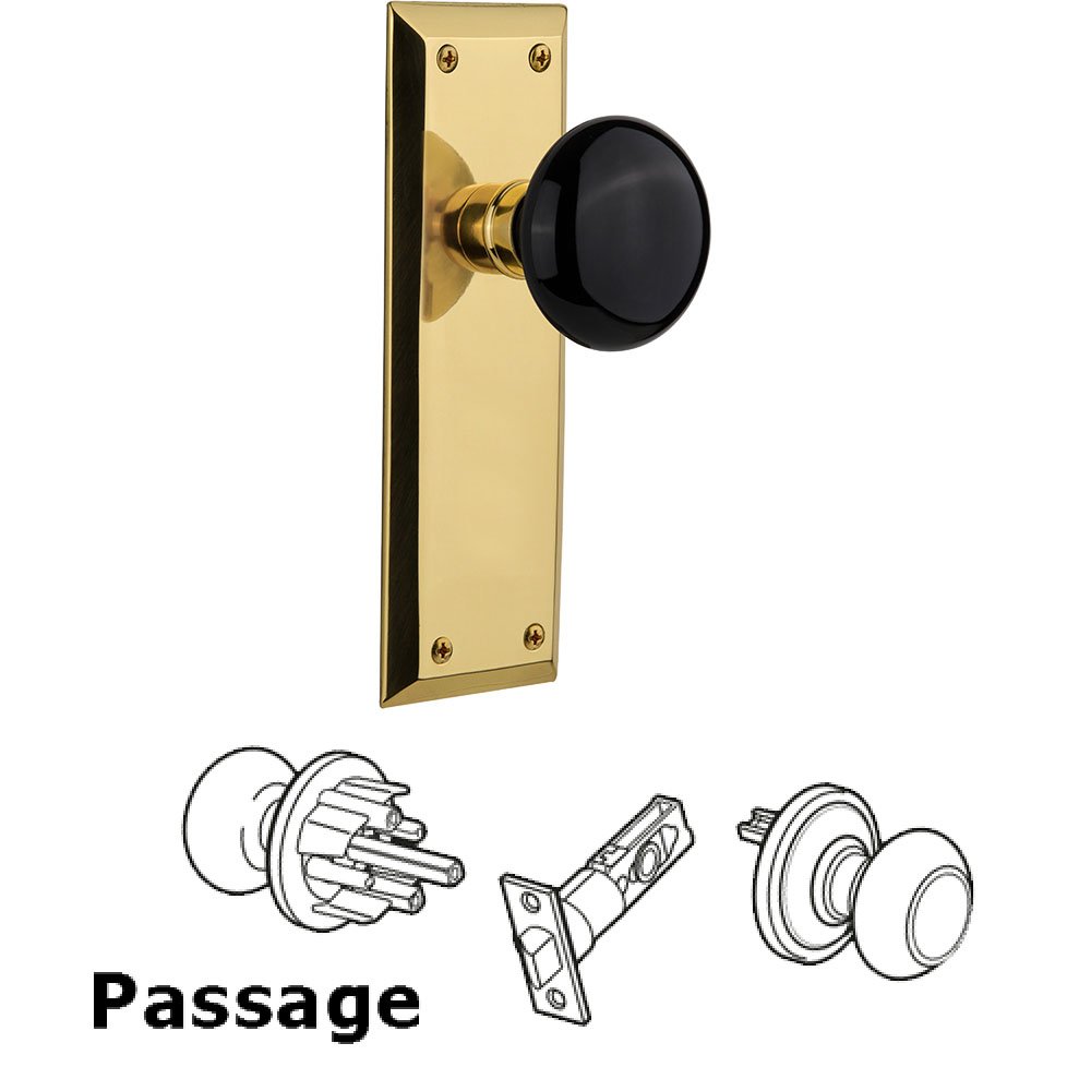Passage New York Plate with Black Porcelain Door Knob in Polished Brass
