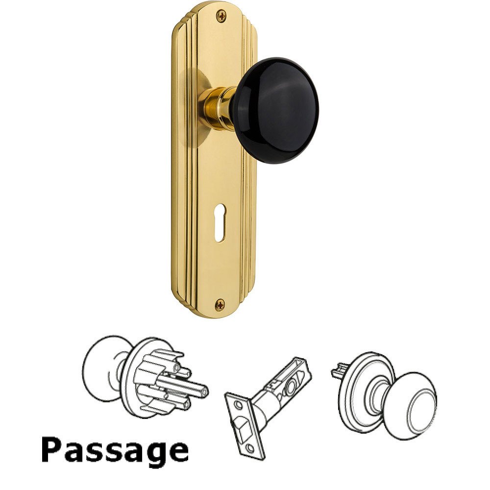 Passage Deco Plate with Keyhole and Black Porcelain Door Knob in Polished Brass