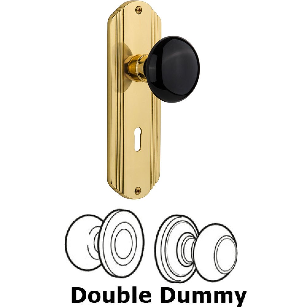 Double Dummy - Deco Plate with Black Porcelain Knob with Keyhole in Polished Brass