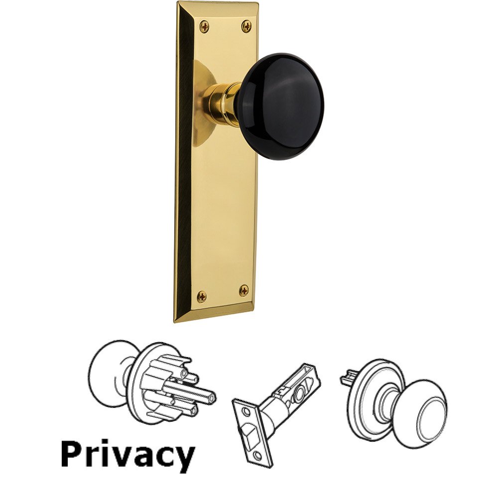 Privacy Knob - New York Plate with Black Porcelain Knob without Keyhole in Polished Brass