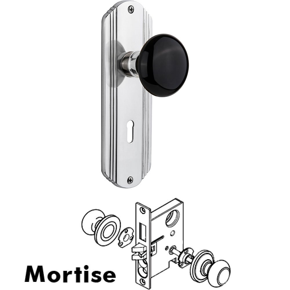 Mortise - Deco Plate with Black Porcelain Knob with Keyhole in Bright Chrome