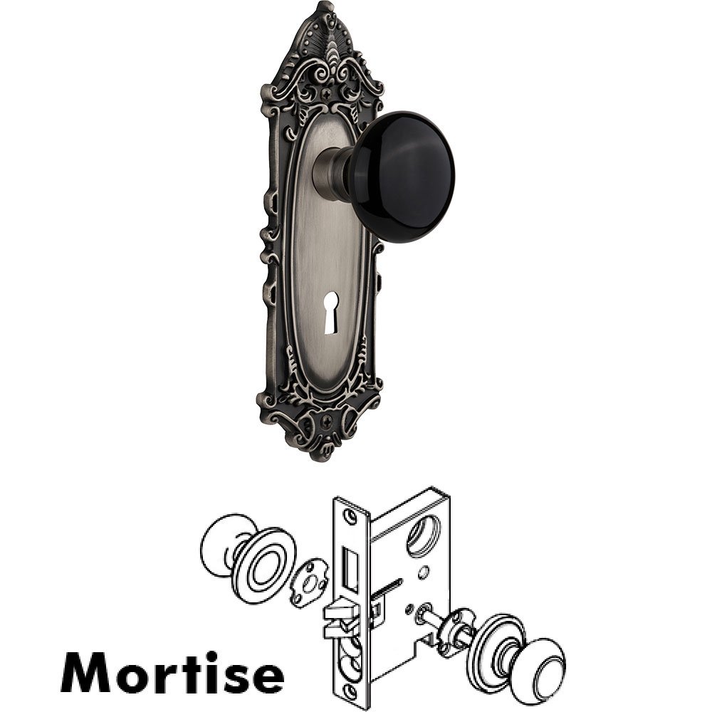 Mortise - Victorian Plate with Black Porcelain Knob with Keyhole in Antique Pewter