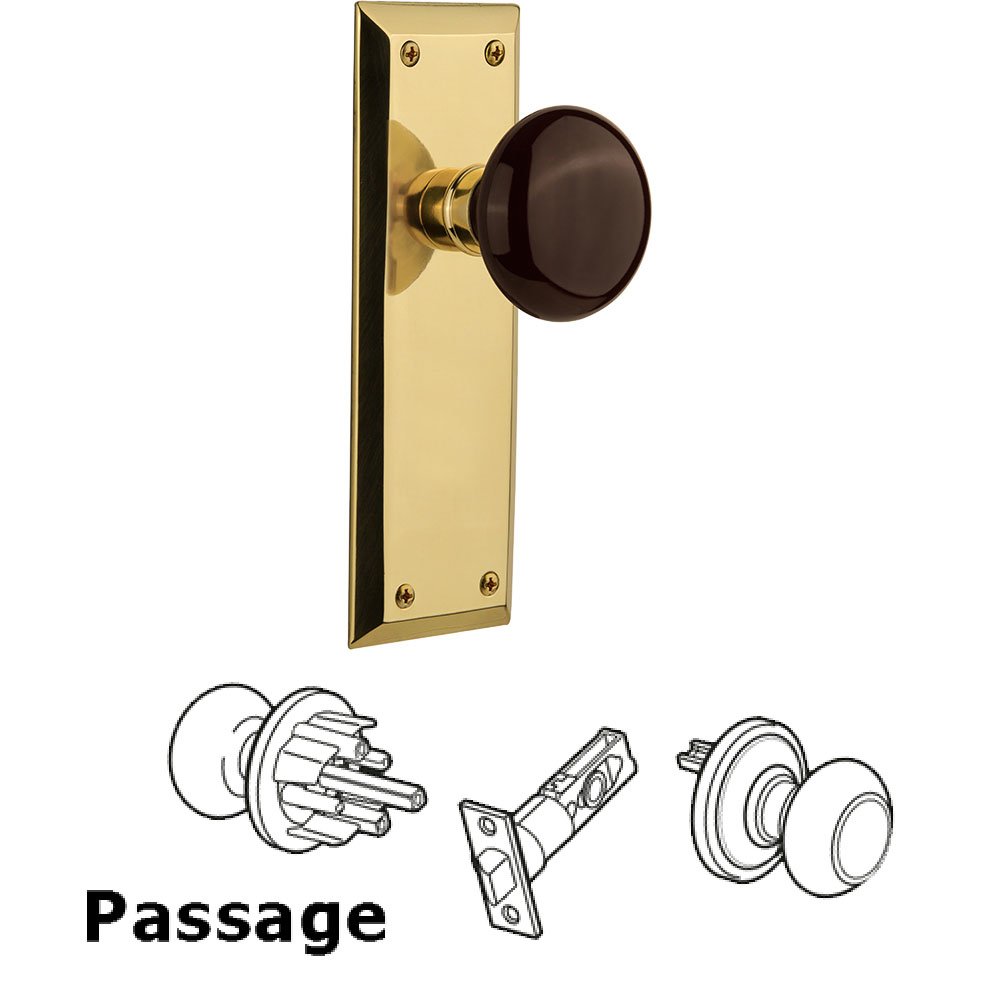 Passage Knob - New York Plate with Brown Porcelain Knob without Keyhole in Polished Brass