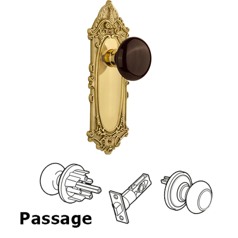 Passage Victorian Plate with Brown Porcelain Door Knob in Polished Brass