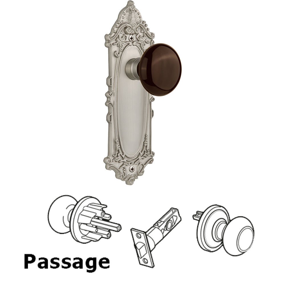 Passage Knob - Victorian Plate with Brown Porcelain Knob without Keyhole in Satin Nickel