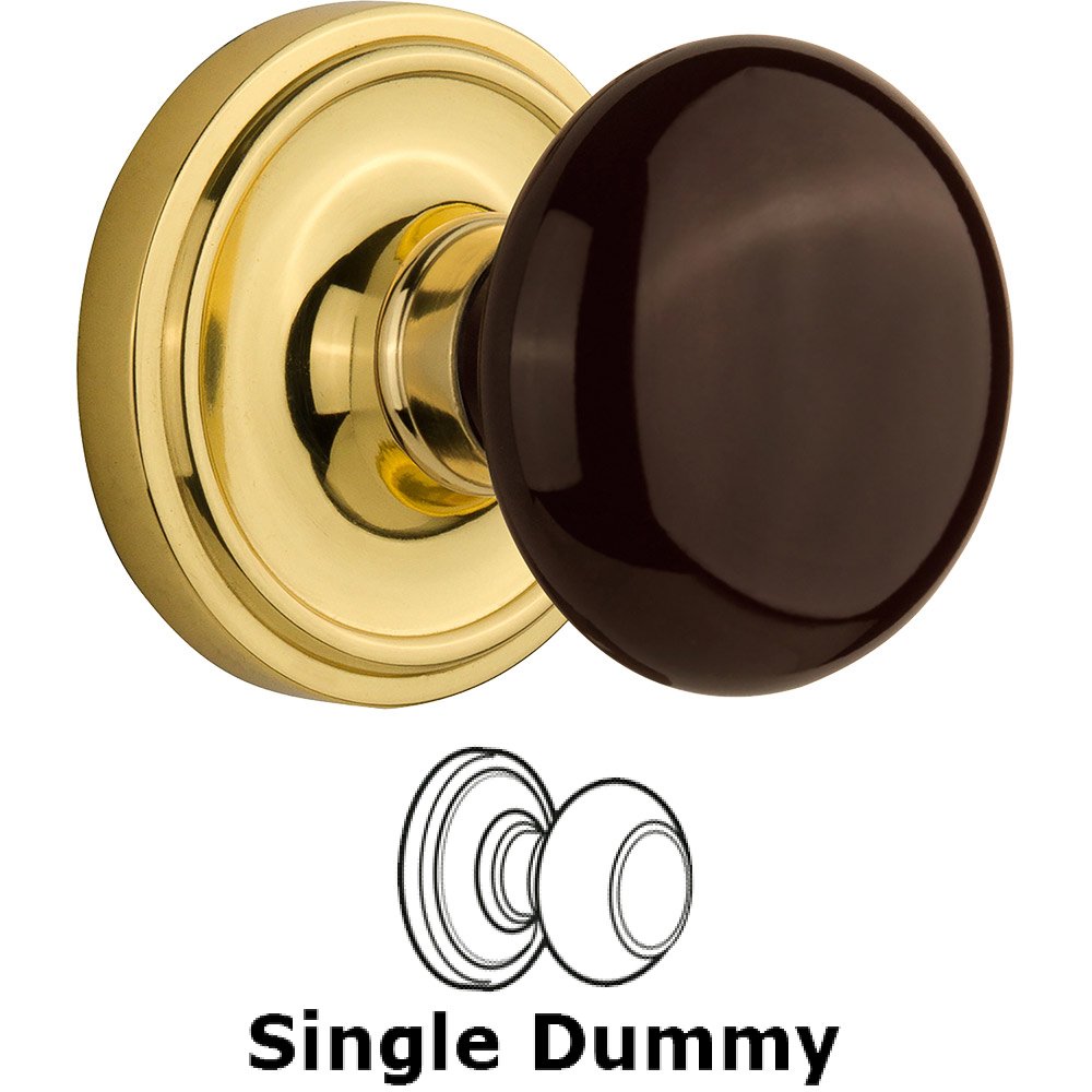 Single Dummy Classic Rose with Brown Porcelain Knob in Polished Brass