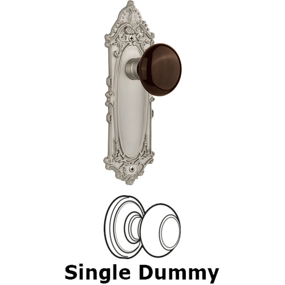 Single Dummy - Victorian Plate with Brown Porcelain Knob without Keyhole in Satin Nickel