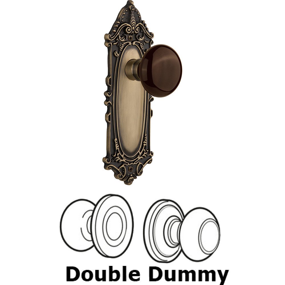 Double Dummy - Victorian Plate with Brown Porcelain Knob without Keyhole in Antique Brass