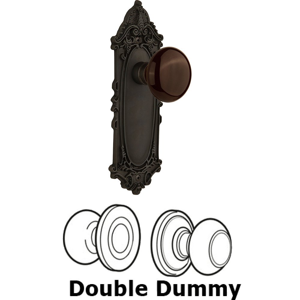 Double Dummy - Victorian Plate with Brown Porcelain Knob without Keyhole in Oil Rubbed Bronze