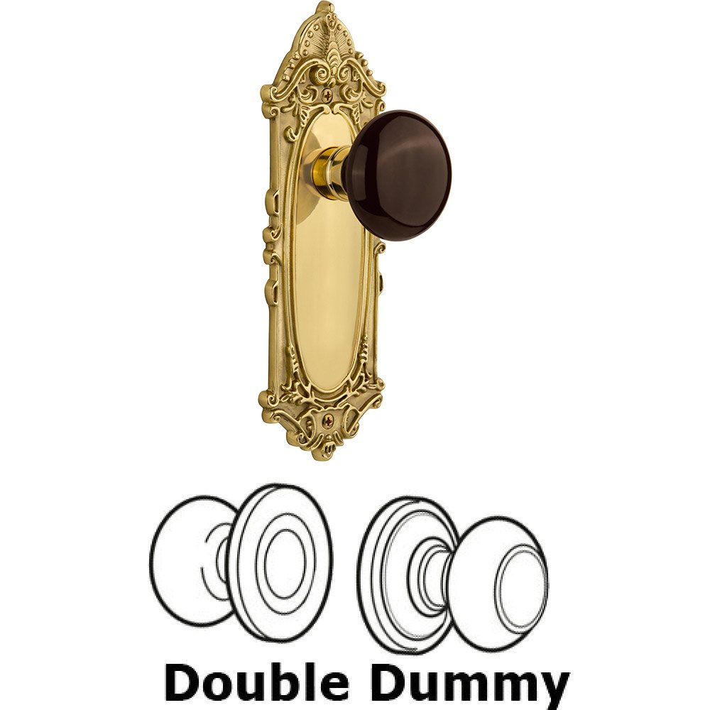 Double Dummy - Victorian Plate with Brown Porcelain Knob without Keyhole in Polished Brass