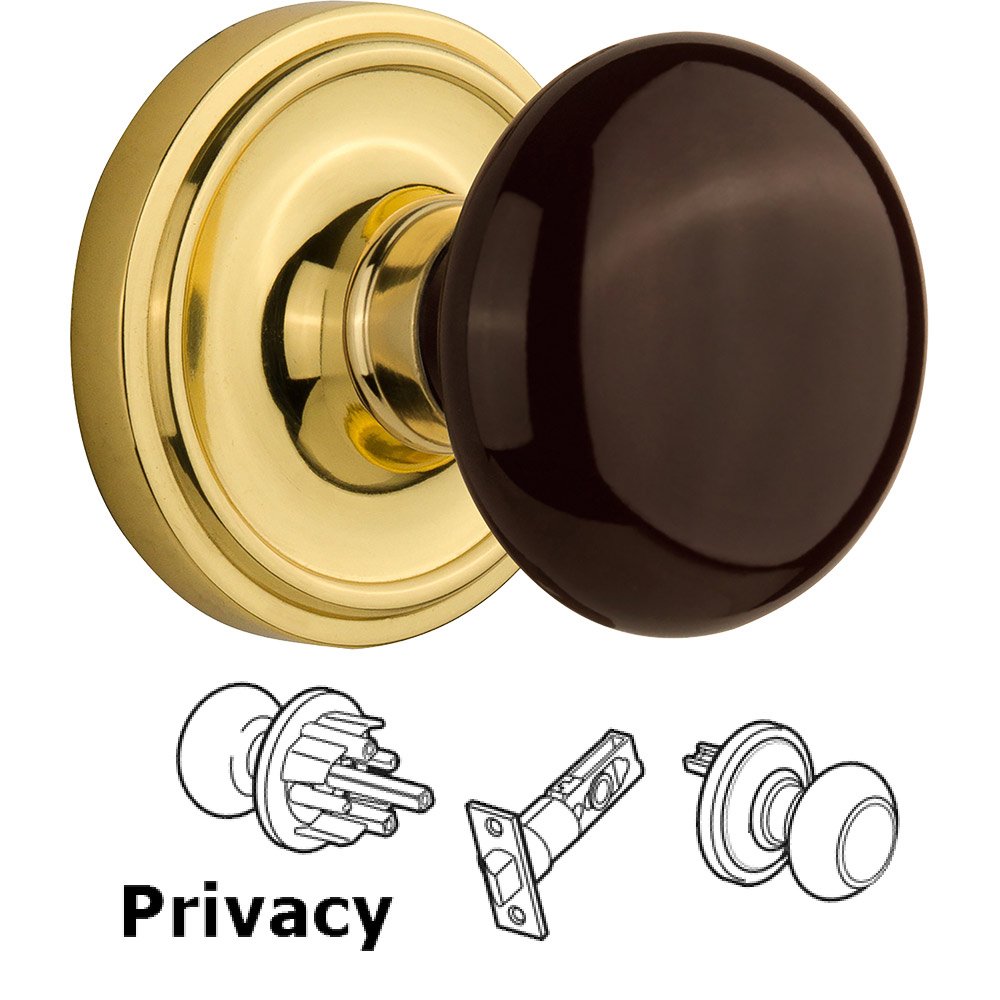Privacy Knob - Classic Rose with Brown Porcelain Knob in Polished Brass