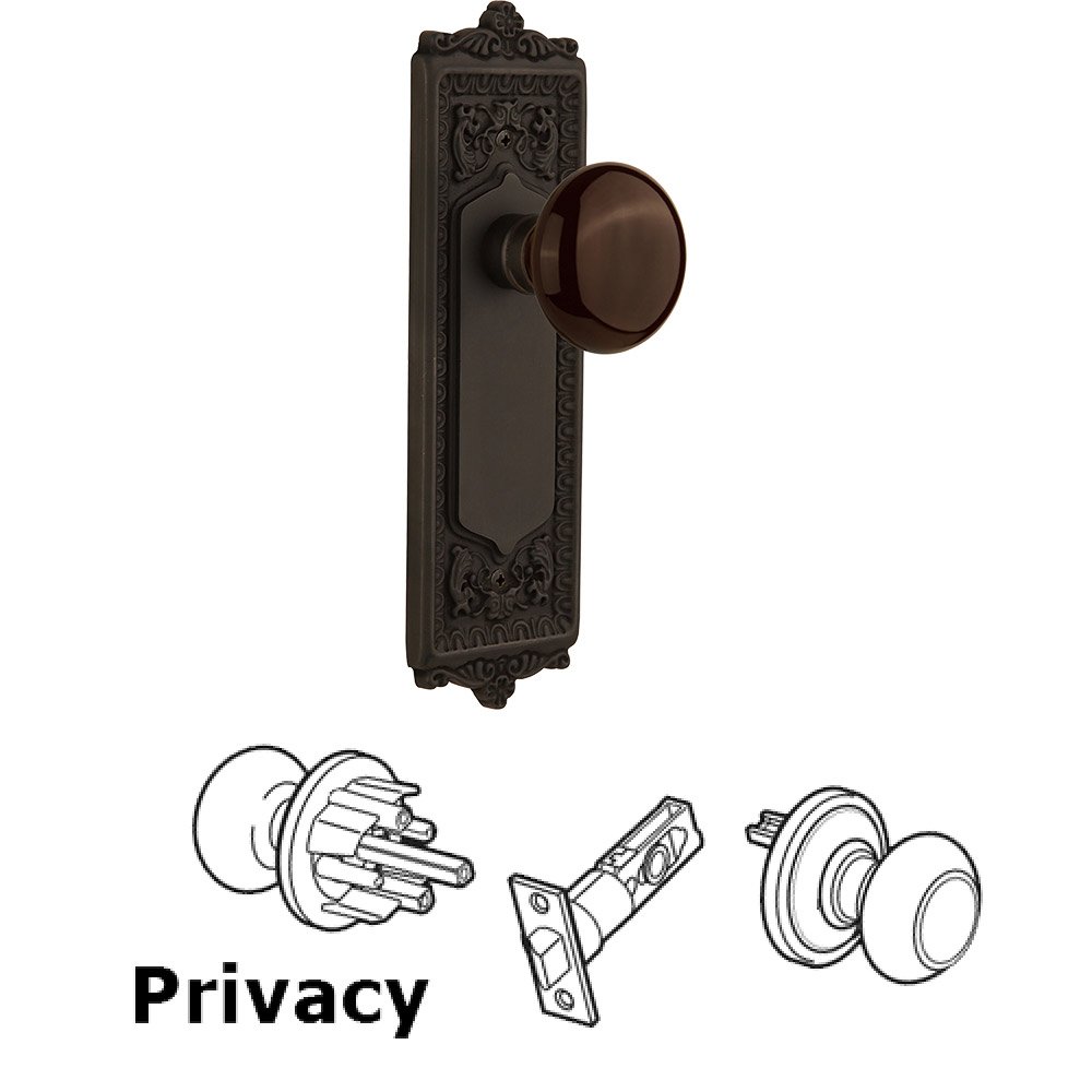 Privacy Knob - Egg and Dart Plate with Brown Porcelain Knob without Keyhole in Oil Rubbed Bronze