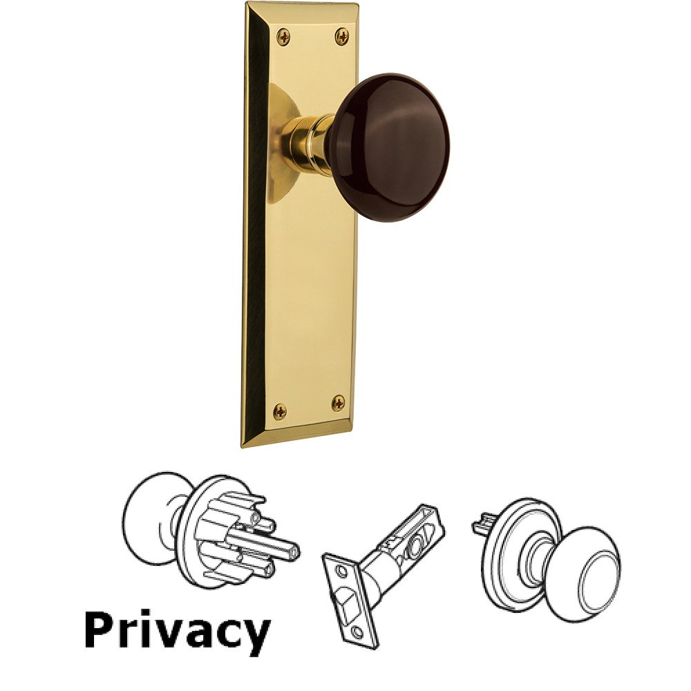 Privacy Knob - New York Plate with Brown Porcelain Knob without Keyhole in Polished Brass