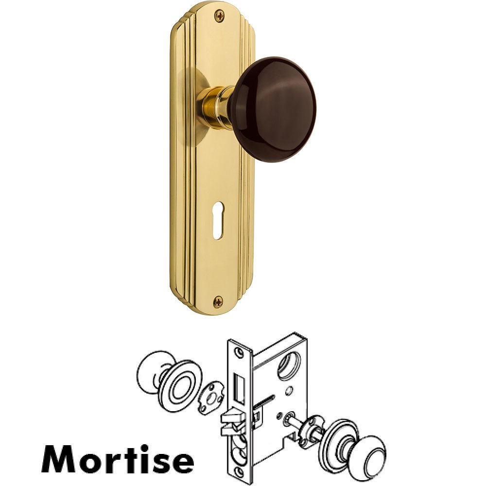 Mortise - Deco Plate with Brown Porcelain Knob with Keyhole in Polished Brass
