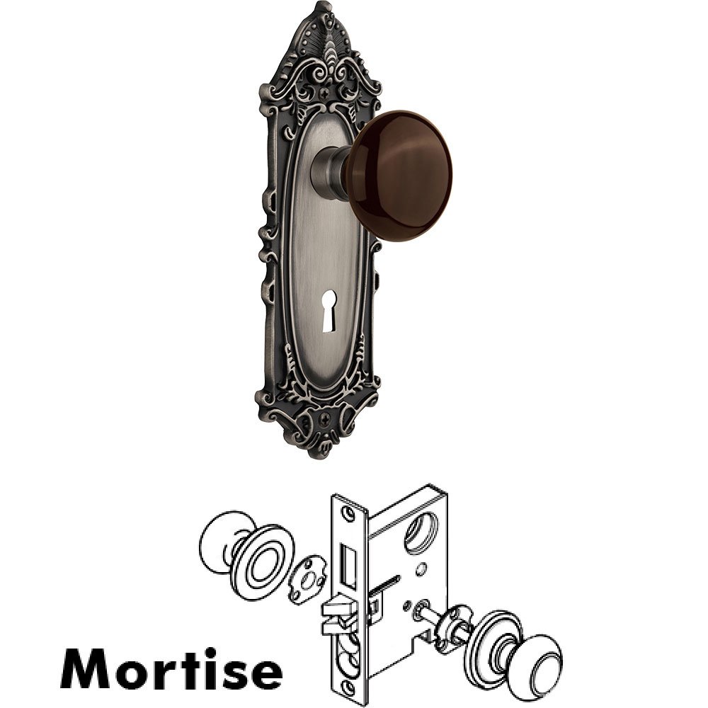Mortise - Victorian Plate with Brown Porcelain Knob with Keyhole in Antique Pewter