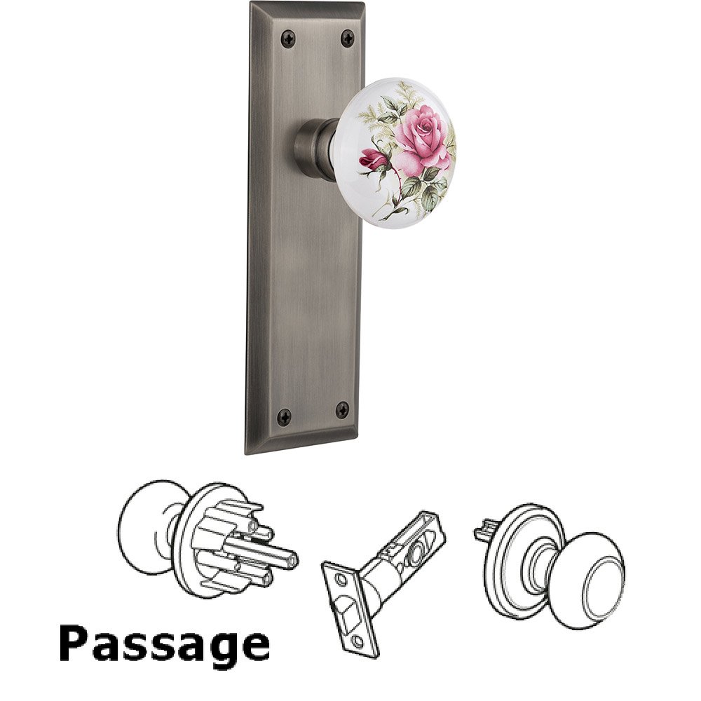 Passage New York Plate with White Rose Porcelain Door Knob in Antique Pewter