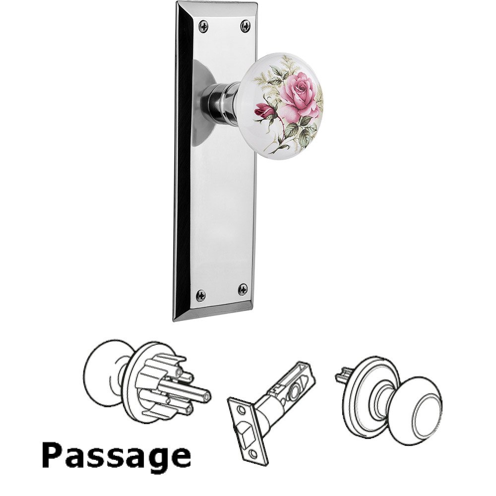 Passage New York Plate with White Rose Porcelain Door Knob in Bright Chrome