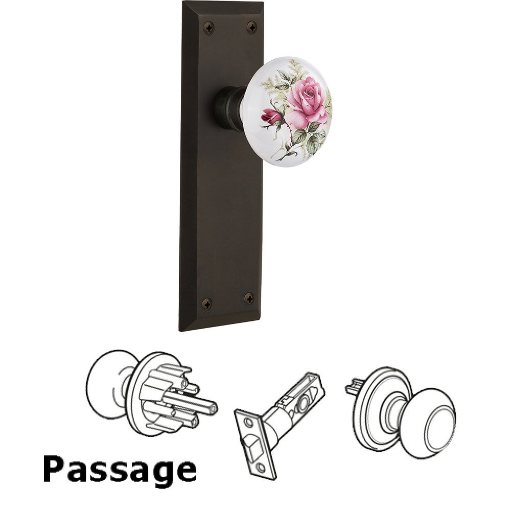 Passage Knob - New York Plate with Rose Porcelain Knob without Keyhole in Oil Rubbed Bronze