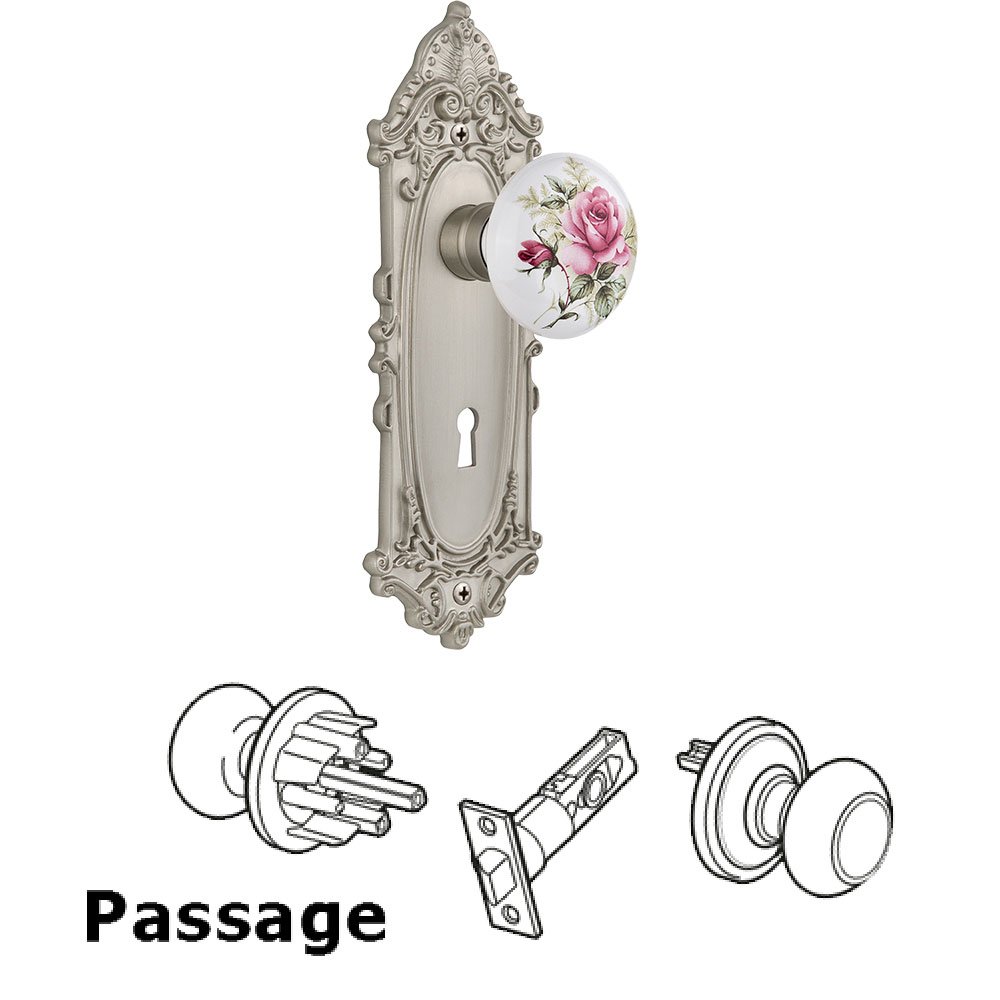 Passage Knob - Victorian Plate with Rose Porcelain Knob with keyhole in Satin Nickel