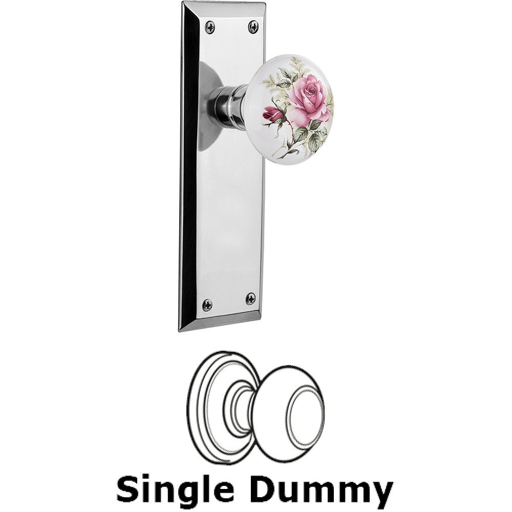 Single Dummy - New York Plate with Rose Porcelain Knob without Keyhole in Bright Chrome