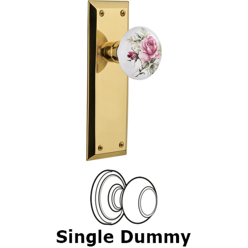 Single Dummy - New York Plate with Rose Porcelain Knob without Keyhole in Polished Brass