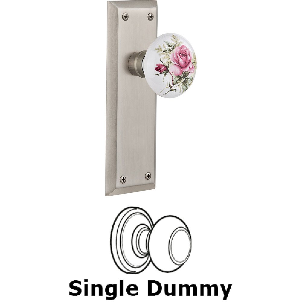 Single Dummy - New York Plate with Rose Porcelain Knob without Keyhole in Satin Nickel