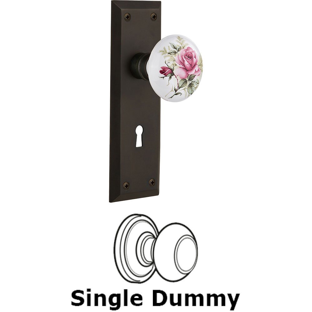 Single Dummy - New York Plate with Rose Porcelain Knob with Keyhole in Oil Rubbed Bronze