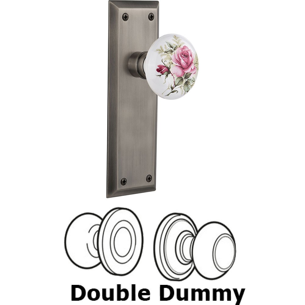 Double Dummy - New York Plate with Rose Porcelain Knob without Keyhole in Antique Pewter
