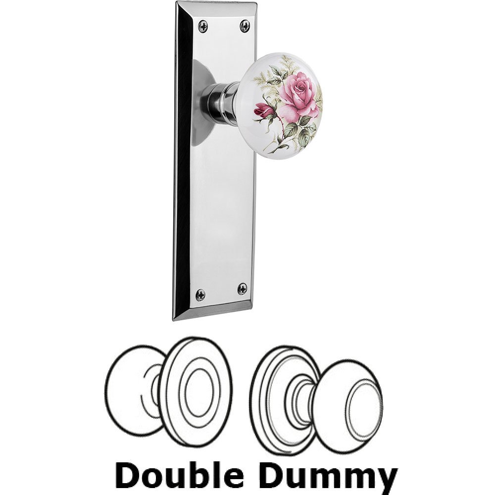 Double Dummy - New York Plate with Rose Porcelain Knob without Keyhole in Bright Chrome