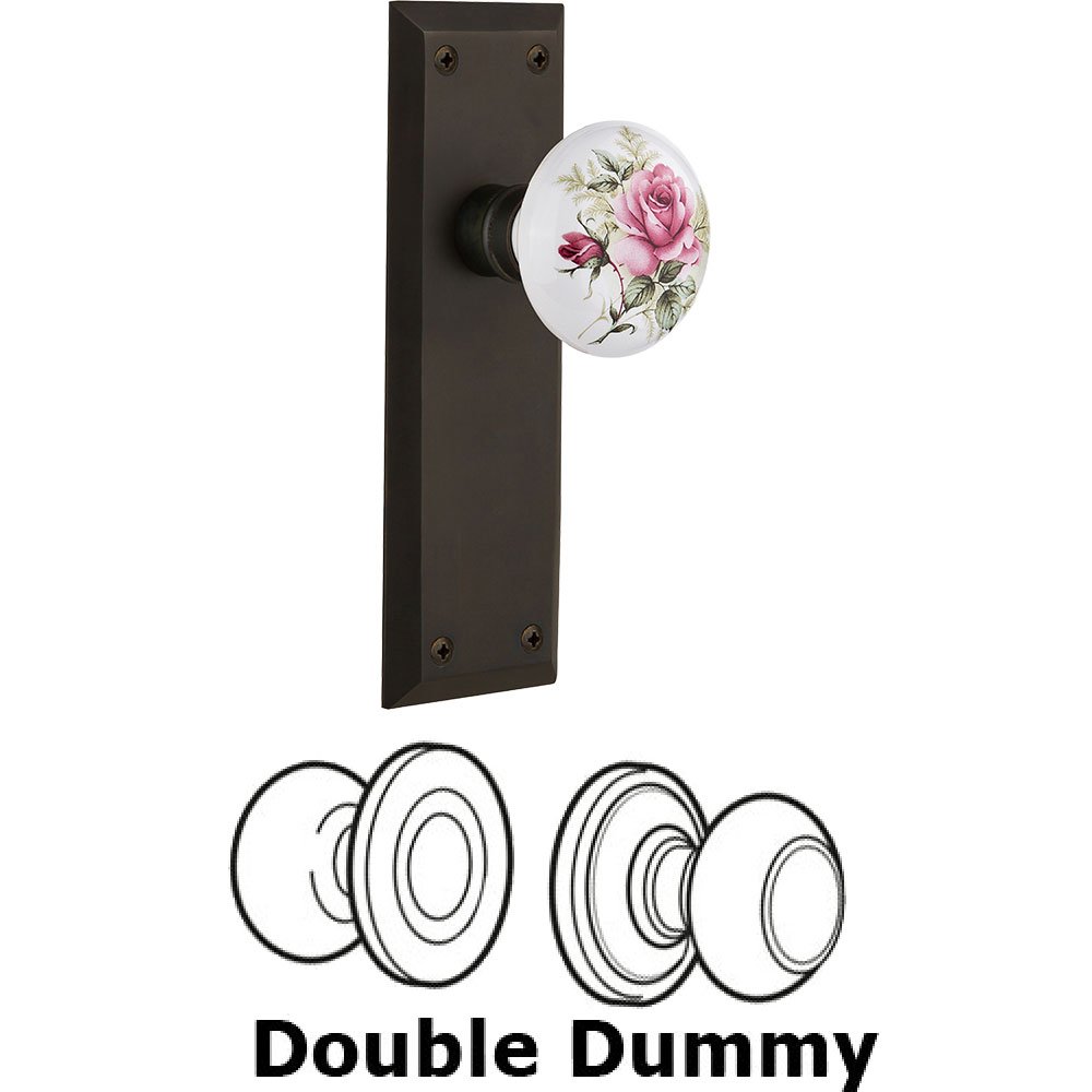 Double Dummy - New York Plate with Rose Porcelain Knob without Keyhole in Oil Rubbed Bronze