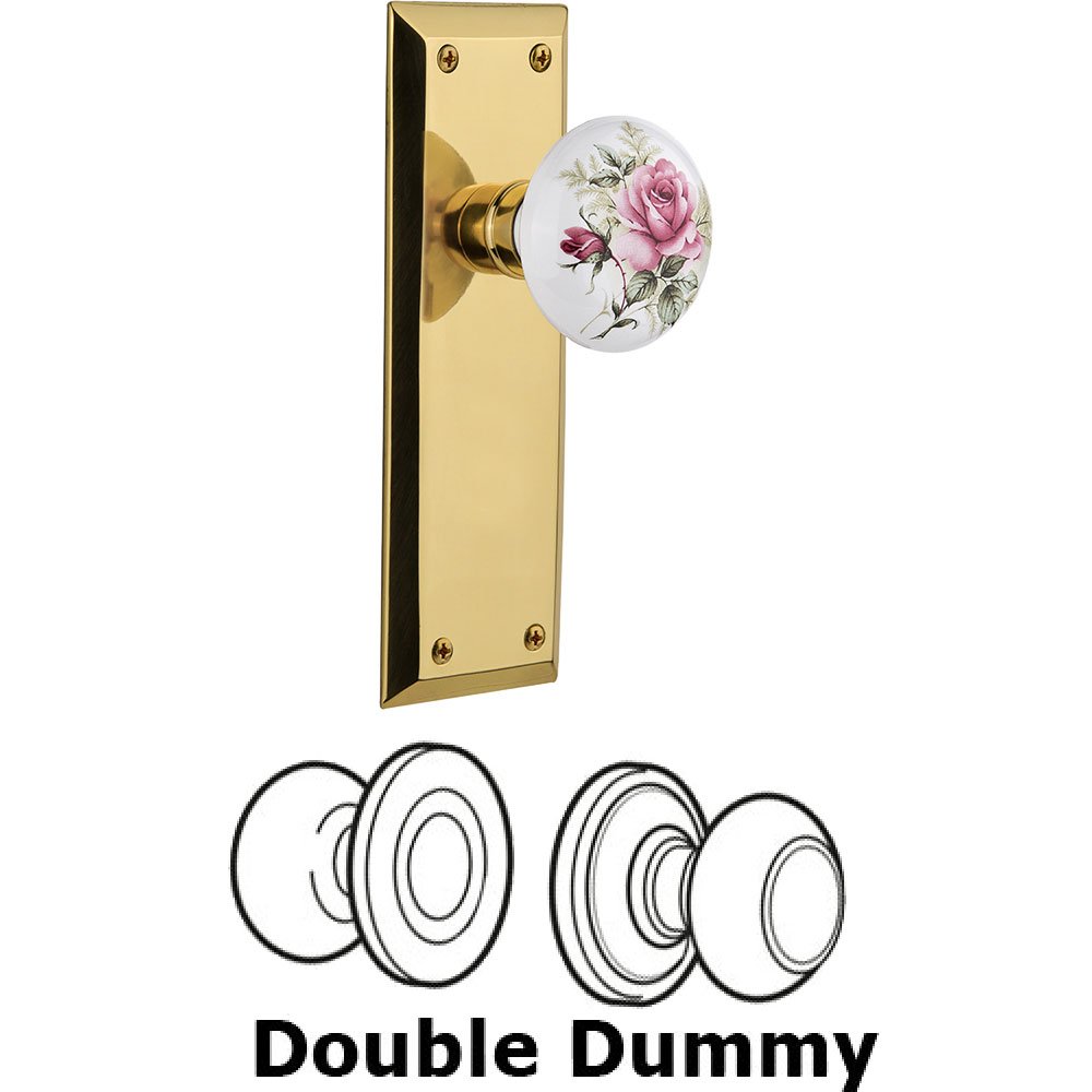 Double Dummy - New York Plate with Rose Porcelain Knob without Keyhole in Polished Brass