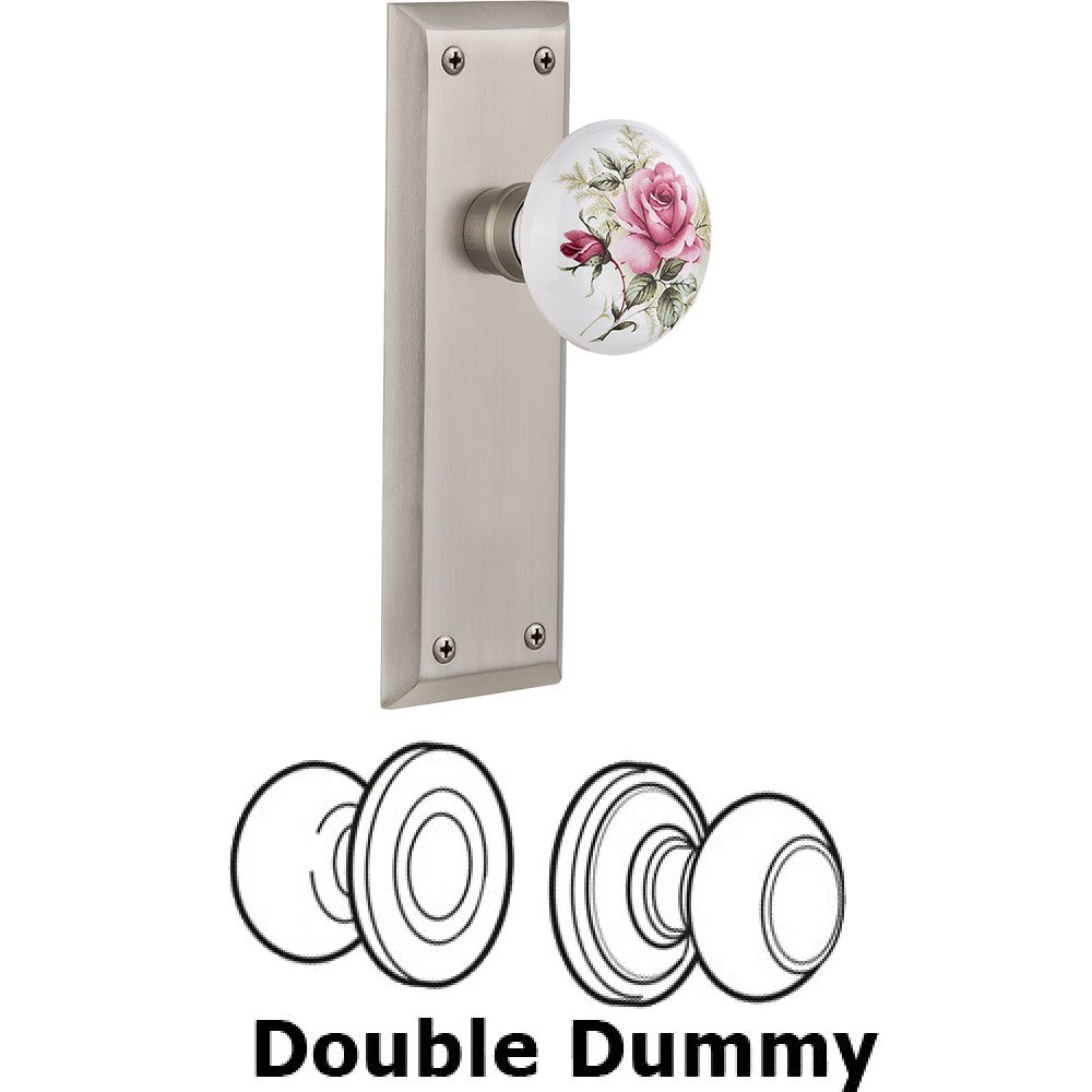 Double Dummy - New York Plate with Rose Porcelain Knob without Keyhole in Satin Nickel