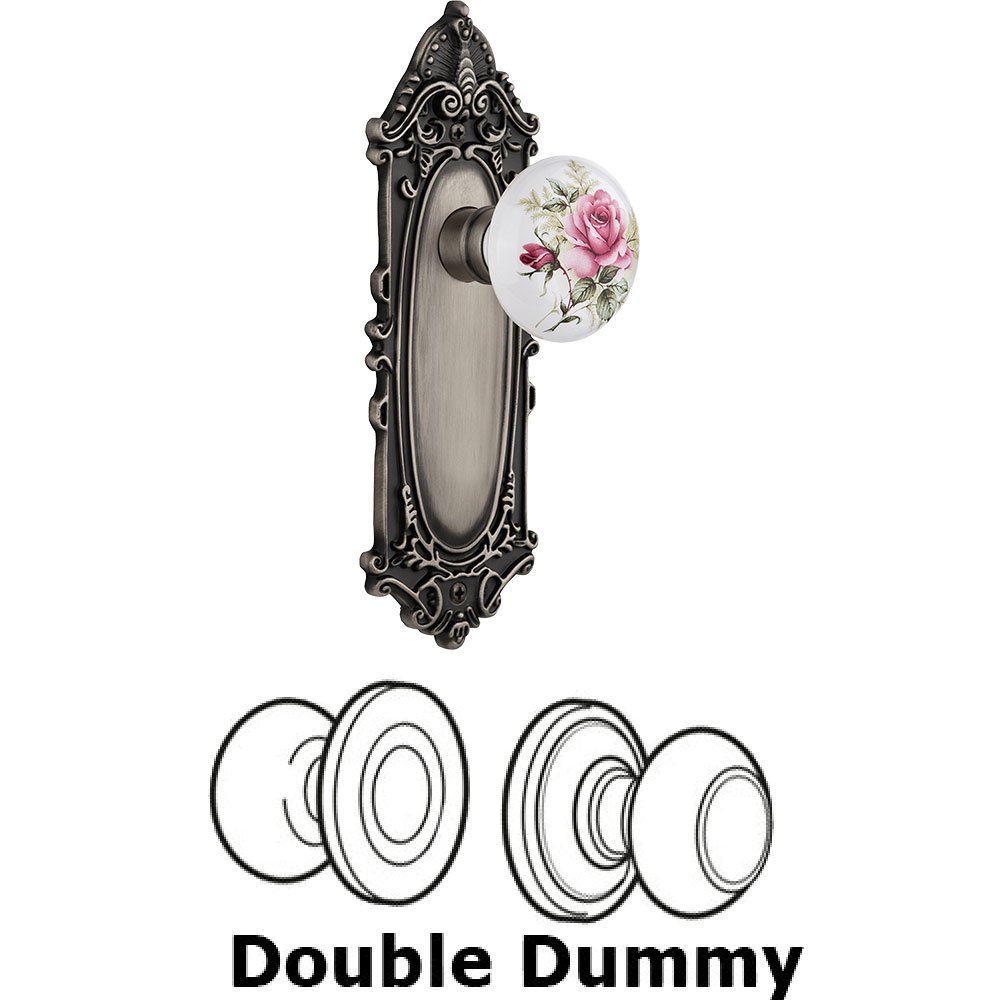 Double Dummy - Victorian Plate with Rose Porcelain Knob without keyhole in Antique Pewter