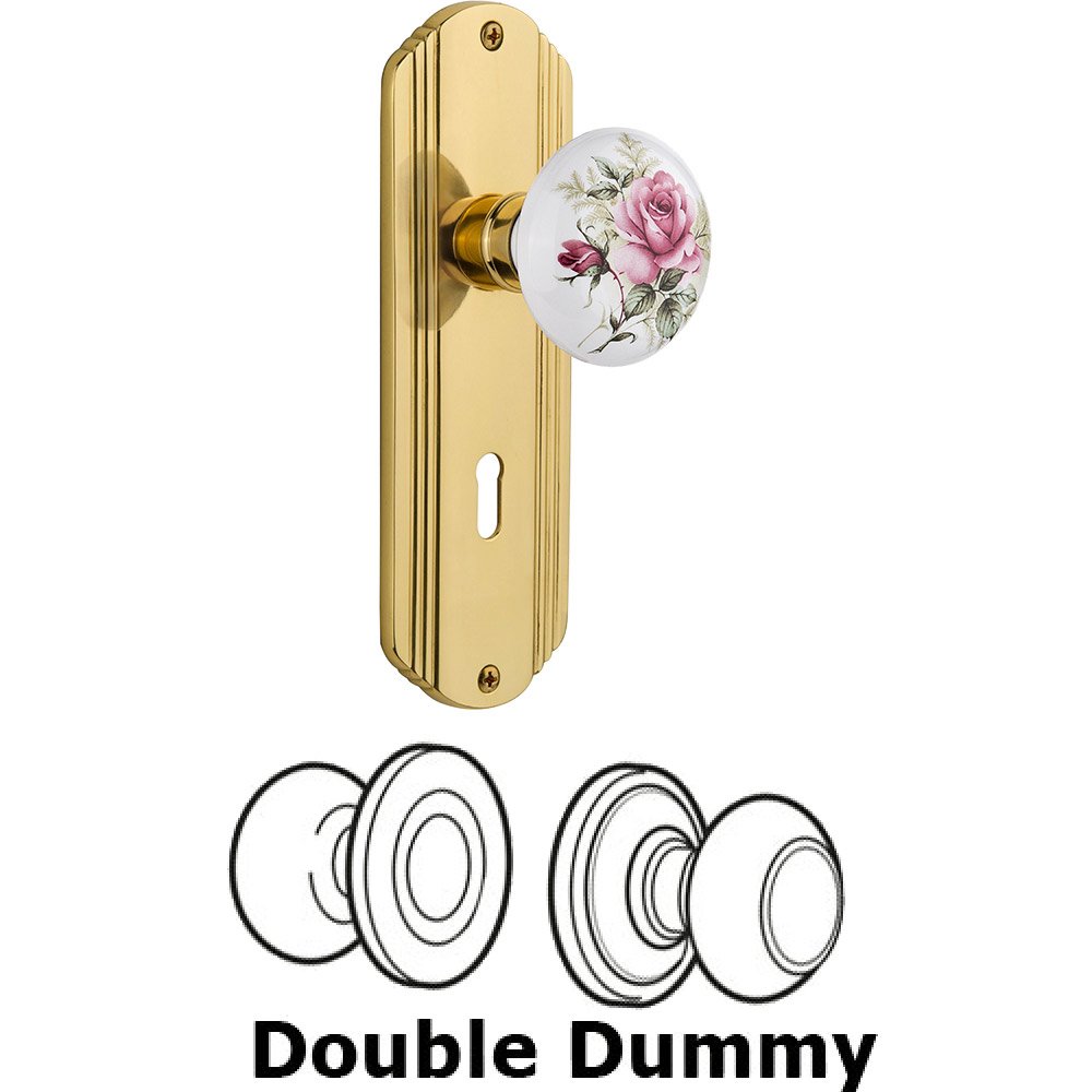 Double Dummy - Deco Plate with Rose Porcelain Knob with Keyhole in Polished Brass