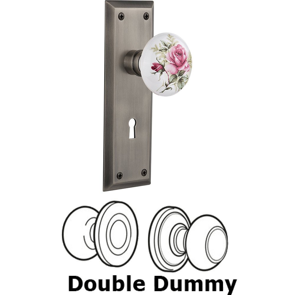 Double Dummy - New York Plate with Rose Porcelain Knob with Keyhole in Antique Pewter
