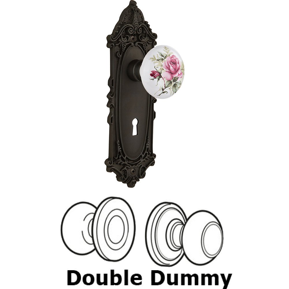 Double Dummy - Victorian Plate with Rose Porcelain Knob with keyhole in Oil Rubbed Bronze