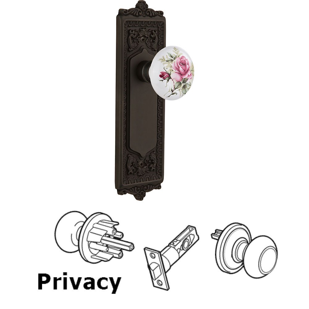 Privacy Knob - Egg and Dart Plate with Rose Porcelain Knob without Keyhole in Oil Rubbed Bronze