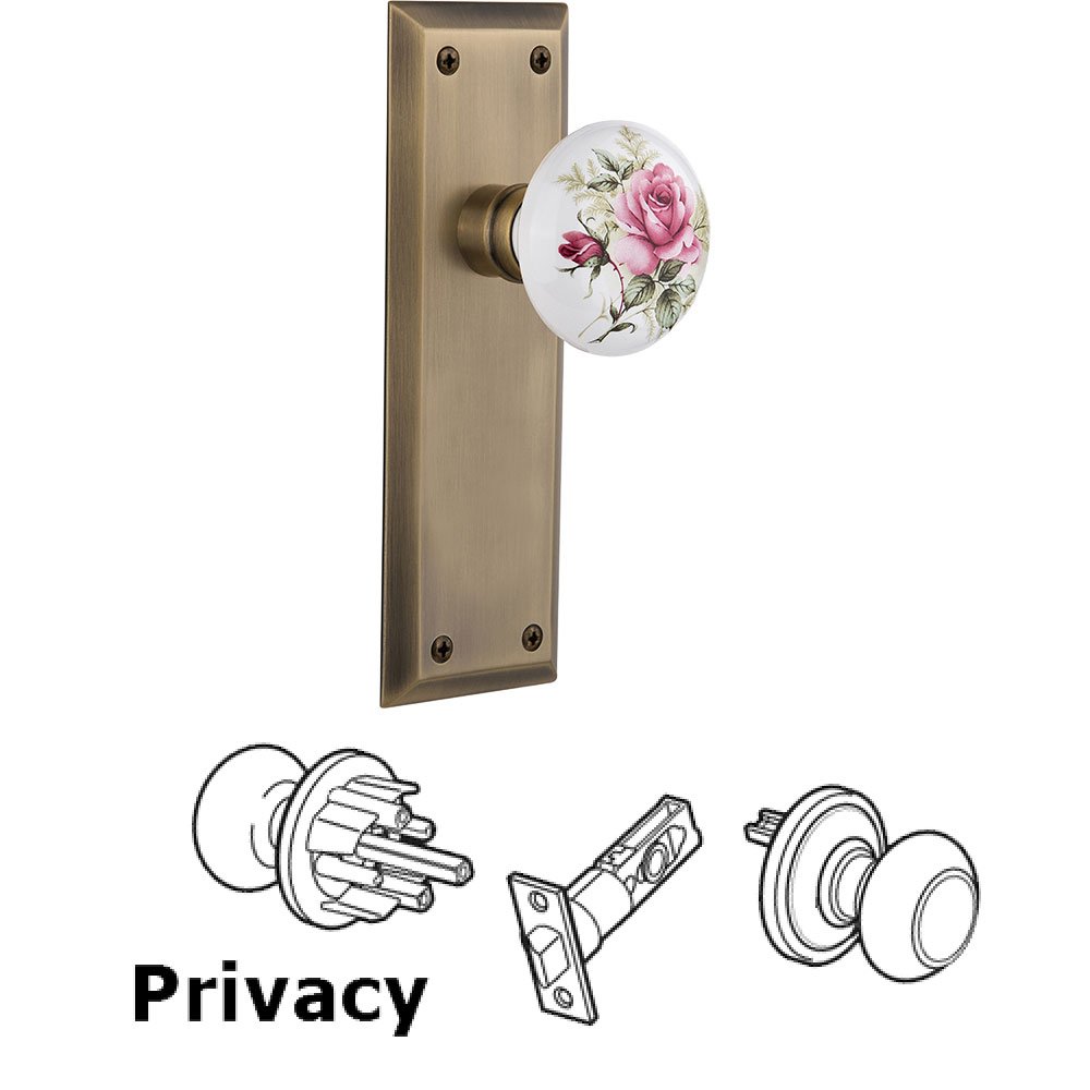 Privacy New York Plate with White Rose Porcelain Door Knob in Antique Brass