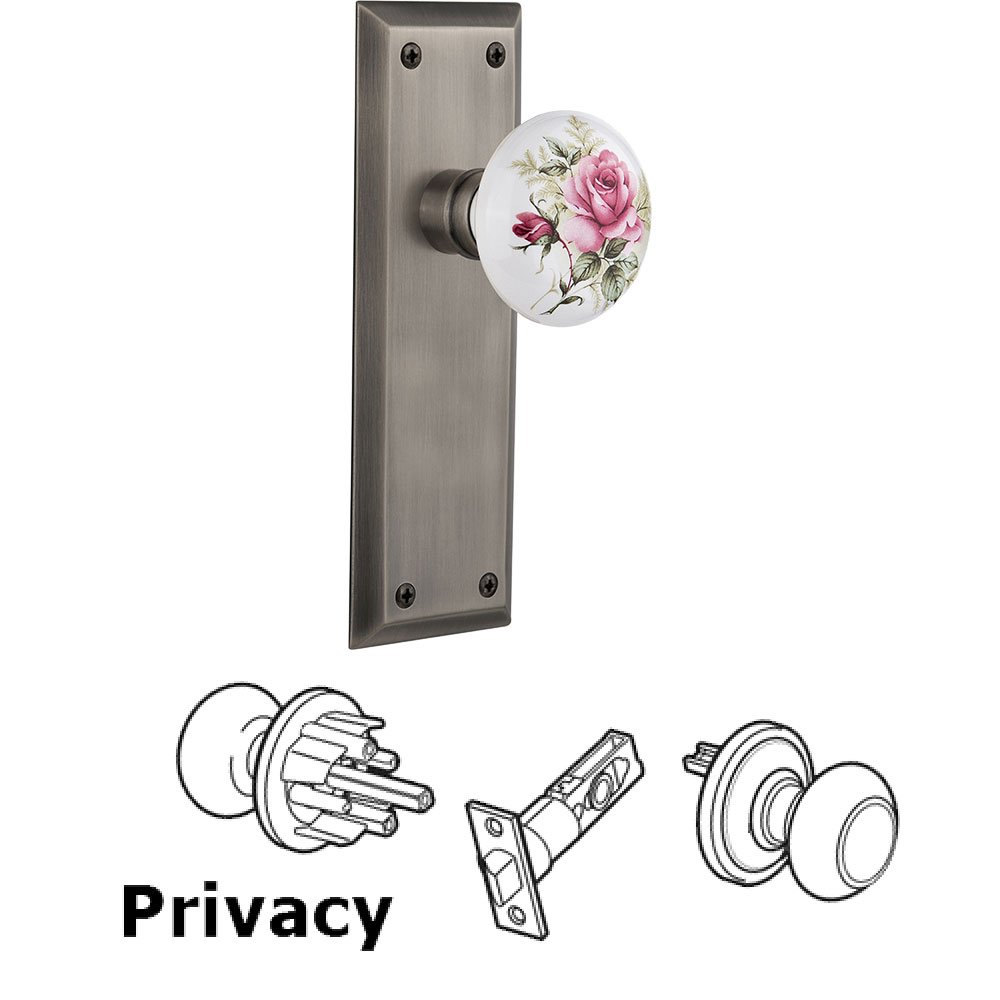 Privacy New York Plate with White Rose Porcelain Door Knob in Antique Pewter