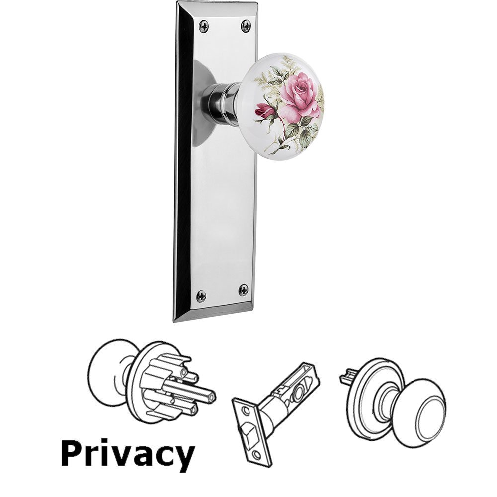 Privacy Knob - New York Plate with Rose Porcelain Knob without Keyhole in Bright Chrome