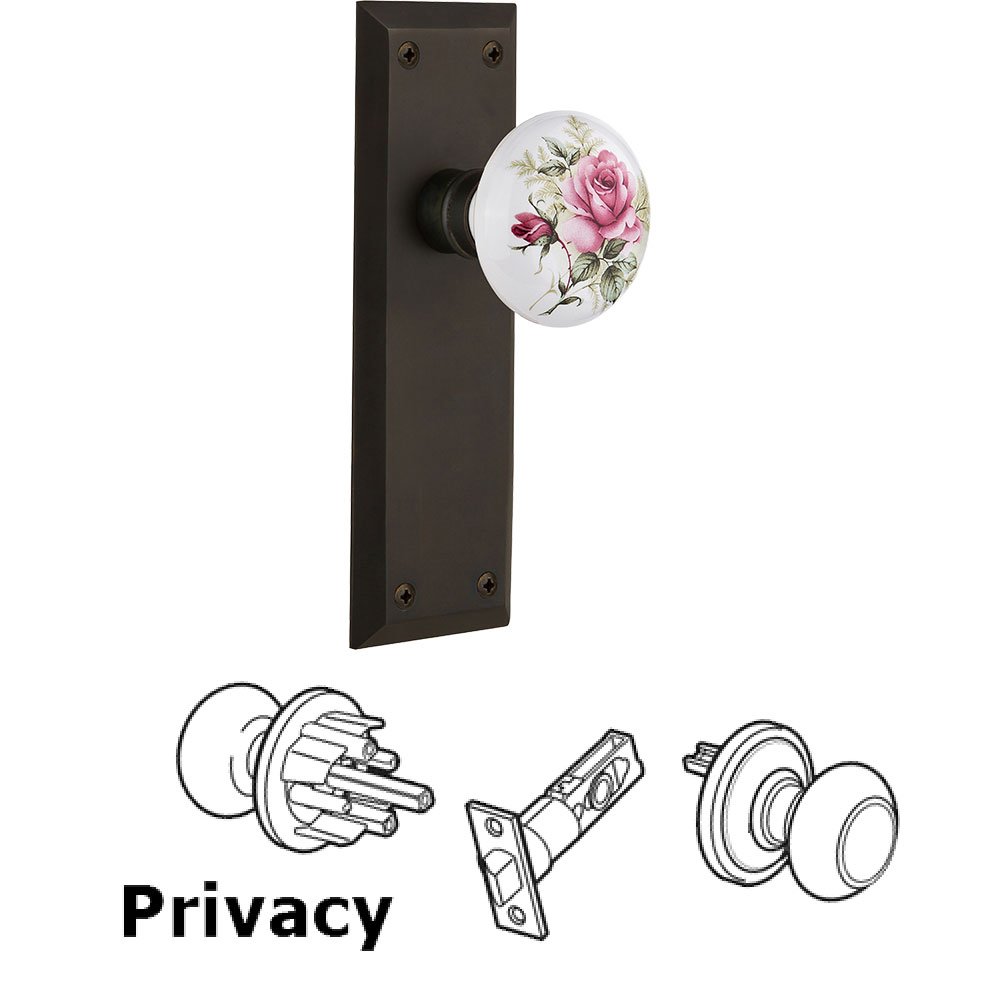 Privacy New York Plate with White Rose Porcelain Door Knob in Oil-Rubbed Bronze