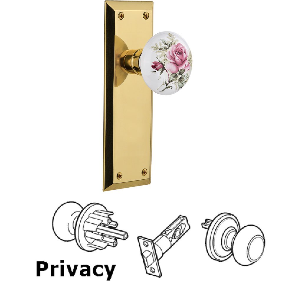 Privacy Knob - New York Plate with Rose Porcelain Knob without Keyhole in Polished Brass