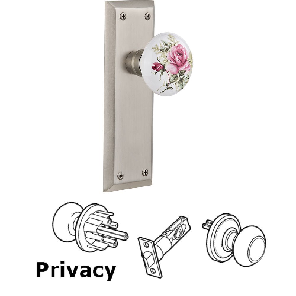 Privacy New York Plate with White Rose Porcelain Door Knob in Satin Nickel