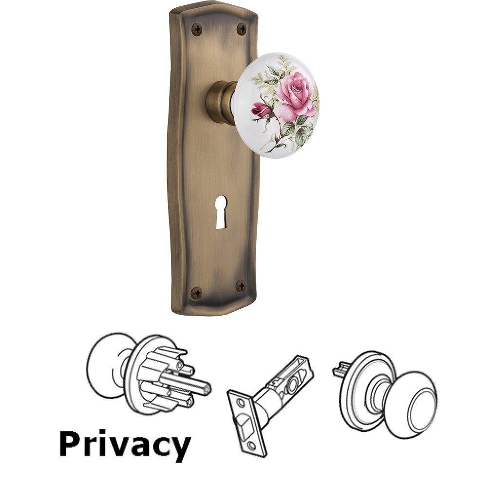 Privacy Prairie Plate with Keyhole and White Rose Porcelain Door Knob in Antique Brass