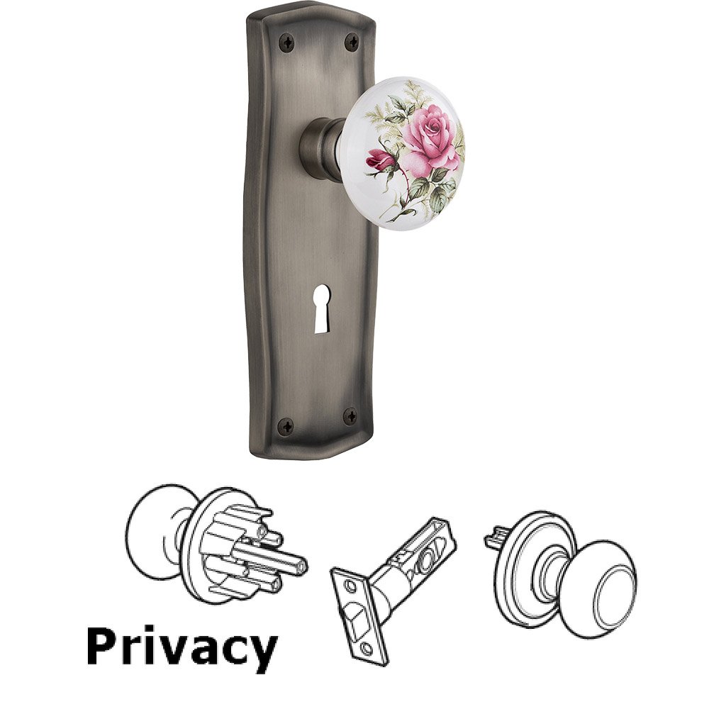 Privacy Prairie Plate with Keyhole and White Rose Porcelain Door Knob in Antique Pewter